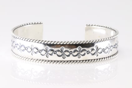 Native American Navajo Sterling Silver Solid Stamped Design Bracelet Cuff By Jason Bahe.