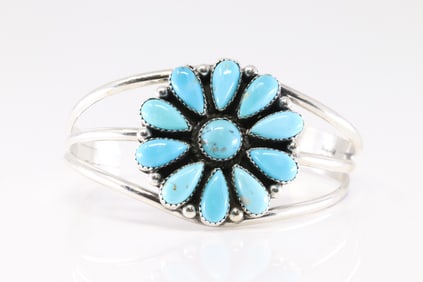Native America Navajo Sterling Silver Kingman Turquoise Bracelet Cuff By T.Smith.