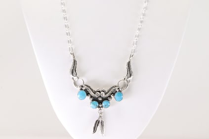 Native America Navajo Sterling Silver Turquoise Feather Necklace By Jennifer Cayditto.