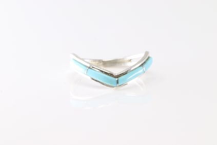 Native America Navajo Sterling Silver Turquoise Inlay Ring By Jamie Johnson.