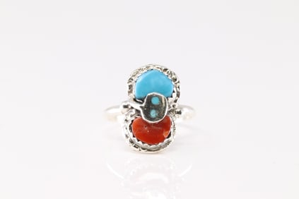 Native America Zuni Sterling Silver Coral & Turquoise Ring By Effie C.