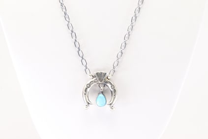 Native America Navajo Sterling Silver Turquoise Necklace By Annette Chiquito.