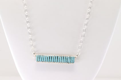 Native American Zuni Sterling Silver Turquoise Necklace By Lucy Sheyka.