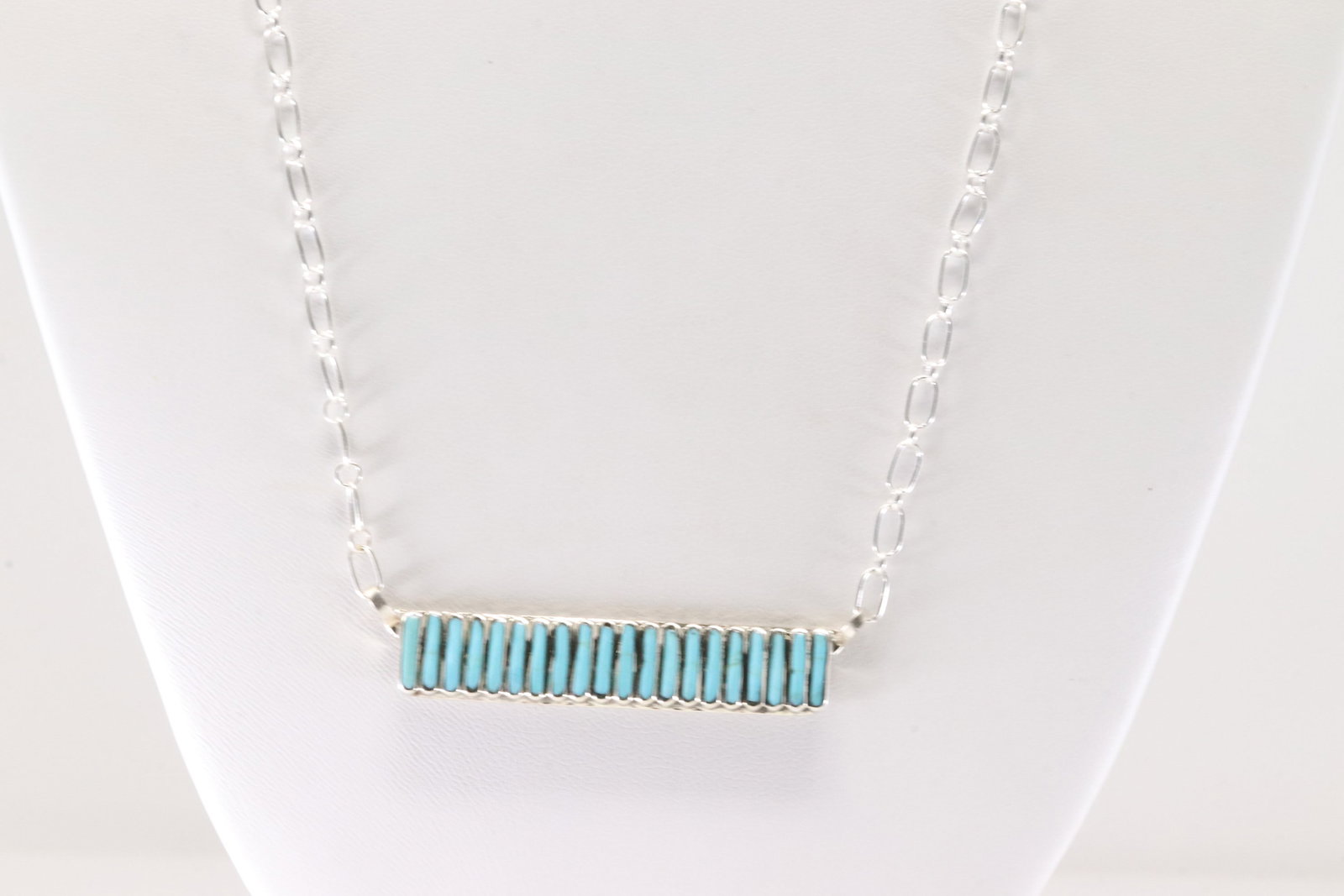 Native American Zuni Sterling Silver Turquoise Necklace By Lucy Sheyka.: This is a Native American Zuni Sterling Silver Turquoise Necklace By Lucy Sheyka. Necklace Length: 18.00.
