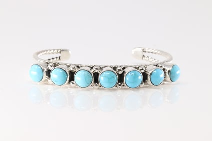 Native America Navajo Sterling Silver Turquoise Bracelet 7 Stone Cuff By Sheena Jack.