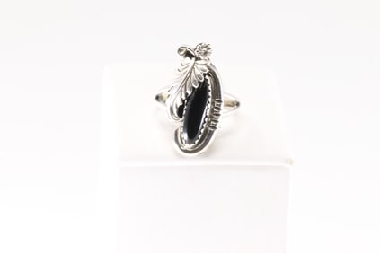 Native America Navajo Sterling Silver Black Onyx Feather Ring By Arlene Lewis.