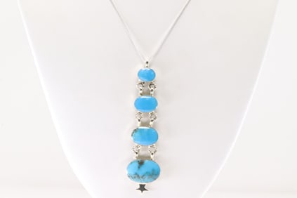 Native America Navajo Sterling Silver Turquoise Necklace By David Lopez.