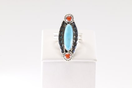 Native America Navajo Sterling Silver Coral & Turquoise Ring By Leroy Silversmith.