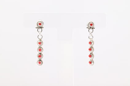 Native America Zuni Sterling Silver Coral Post Dangling Earring's By Bernadette Nakatewa & Michael