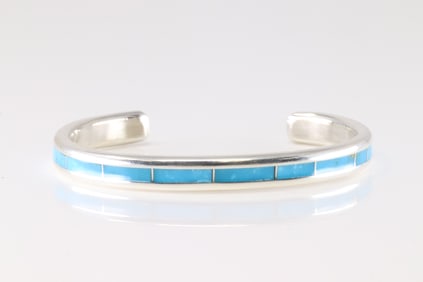 Native America Zuni Sterling Silver Turquoise Inlay Bracelet Cuff By Lawrence Loretto.