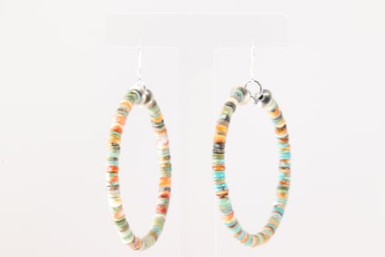 Native America Navajo Sterling Silver Muticolor Stone Dangling Hoop Earring's.