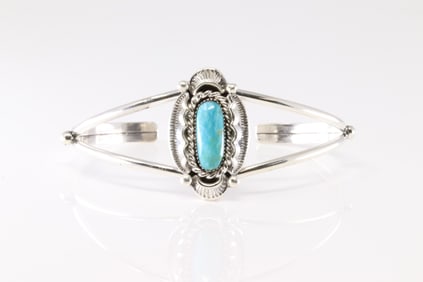Native America Navajo Sterling Silver Turquoise Bracelet Cuff By Sadie Jim.