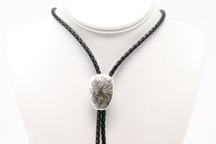 Native America Navajo Sterling Silver Stamped Bolo Necklace By Shirley Skeets.