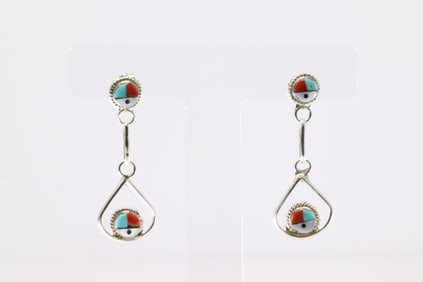 Native America Zuni Sterling Silver Multi-Color Stone Inlay Post Dangling Earring's By Iris Neha.
