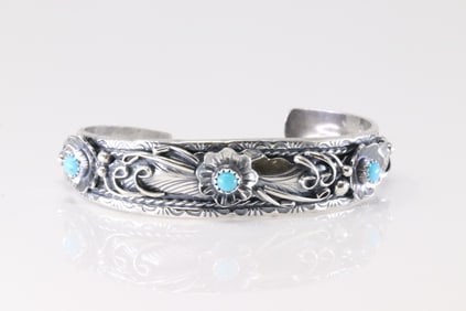 Native America Navajo Sterling Silver Turquoise Floral Bracelet Cuff By Bessie Joe.