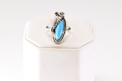 Native America Navajo Sterling Silver Turquoise Feather Ring By Arlene Lewis.