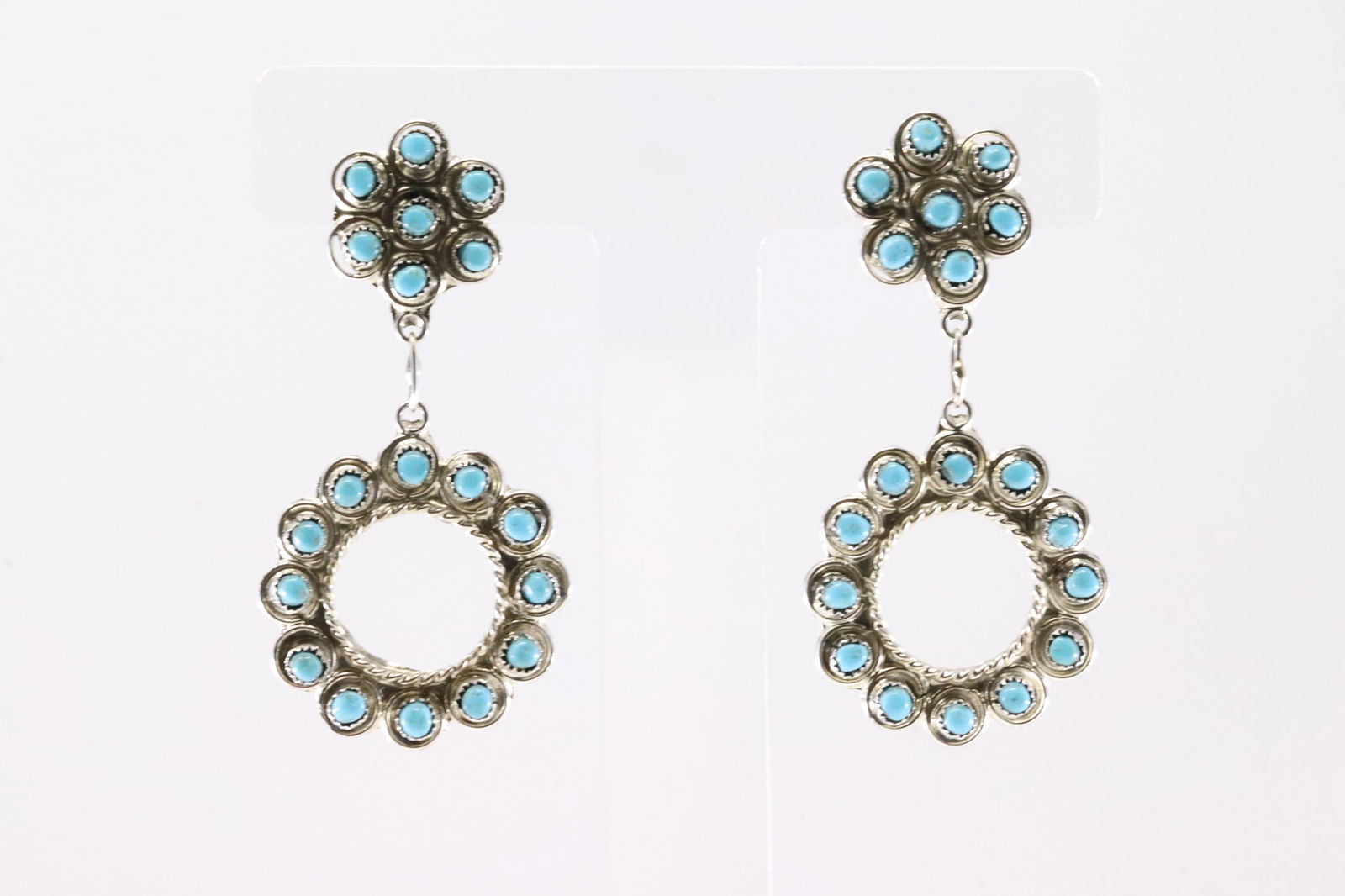 Native America Zuni Sterling Silver Turquoise Post Dangling Earring's By Waylon Johnson.: This is a Native America Zuni Sterling Silver Turquoise Post Dangling Earring's By Waylon Johnson.