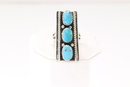 Native America Navajo Sterling Silver Turquoise 3 Stone Ring By Arlene Lewis.