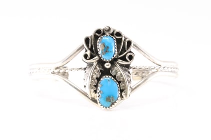 Native America Navajo Sterling Silver Turquoise Feather Bracelet Cuff By Harry B Yazzie.