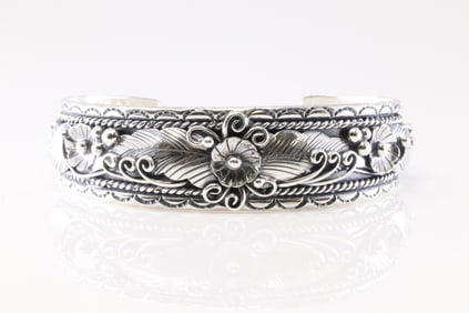 Native America Navajo Sterling Silver Stamped Floral Bracelet Cuff By Freddie James.