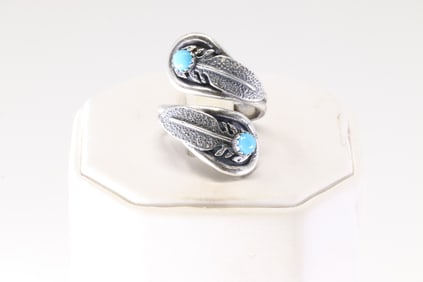 Native America Navajo Sterling Silver Turquoise Feather Ring By Kenny Lonjose.