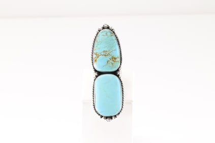 Native America Navajo Sterling Silver Kingman Turquoise Ring 2 Stone By Eugene Belone.