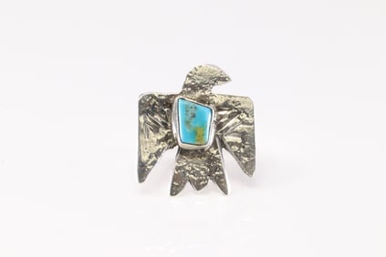 Native America Zuni Sterling Silver Kingman Turquoise Thunderbird Ring By Jude Candelaria.