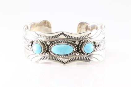 Native America Navajo Sterling Silver Turquoise Bracelet Cuff By Charlie Yazzie.
