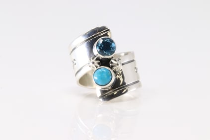 Native America Navajo Sterling Silver Blue Topaz & Turquoise Ring By R. Willie. From R.B Company.