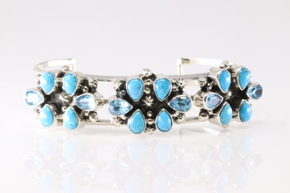 Native America Navajo Sterling Silver Blue Topaz & Turquoise Bracelet Cuff By Mike Smith.