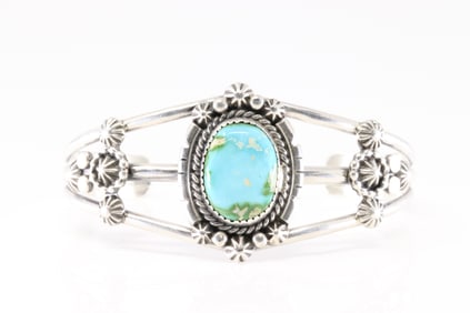 Native American Navajo Sterling Silver Sonora Gold Turquoise Bracelet Cuff By Lorrine Yellowh.