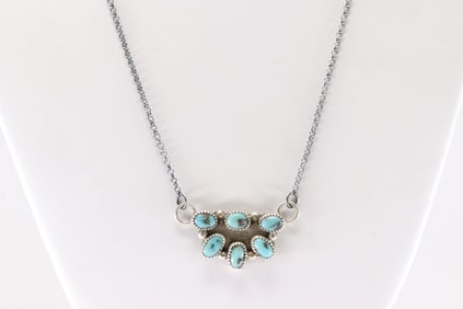 Native America Navajo Sterling Silver Kingman Turquoise Necklace By Maxine Ramirez.