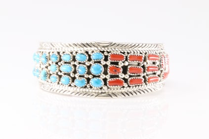 Native America Navajo Sterling Silver Coral & Turquoise Bracelet Cuff By M.J.