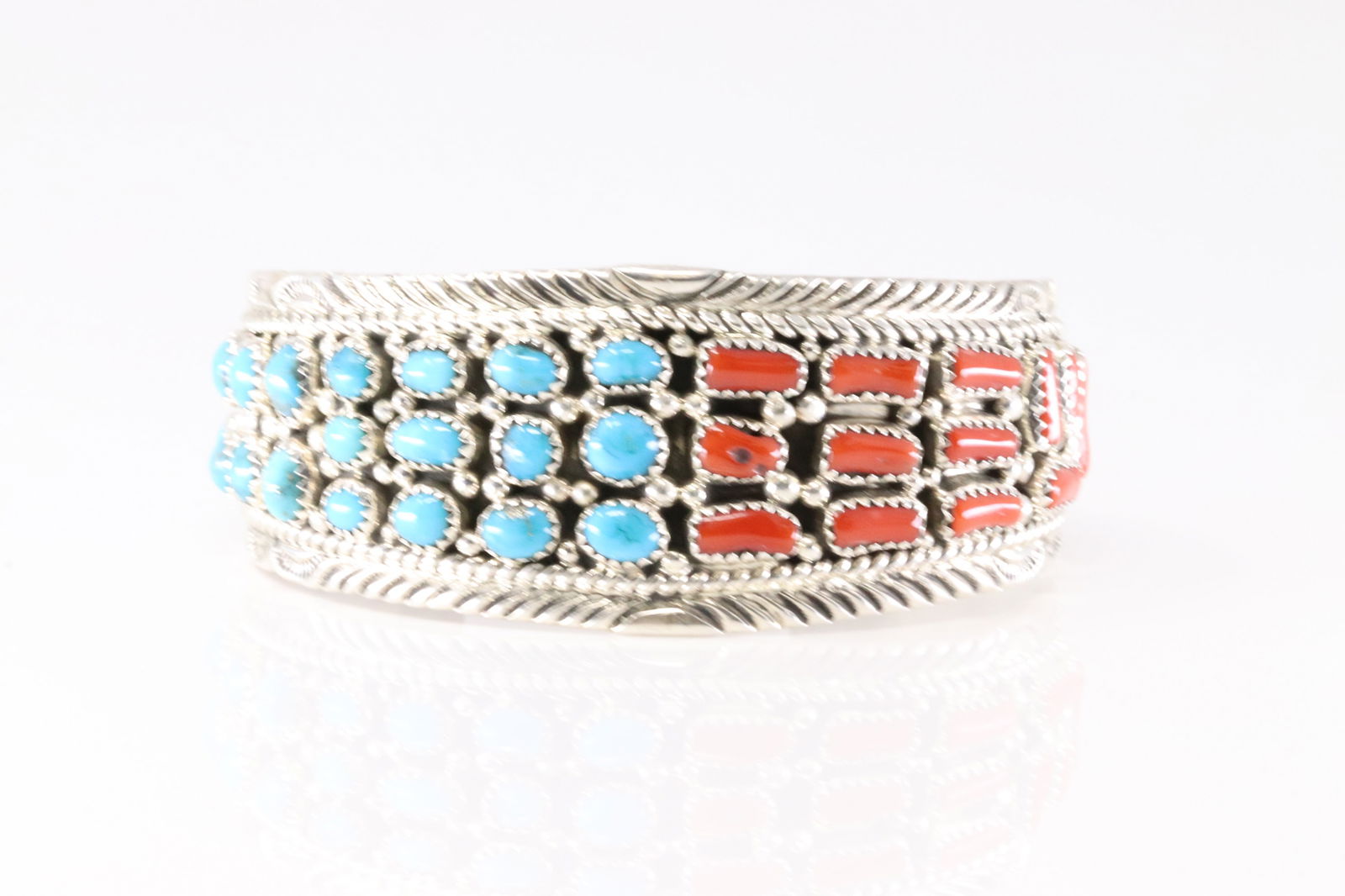 Native America Navajo Sterling Silver Coral & Turquoise Bracelet Cuff By M.J. (1 of 4)