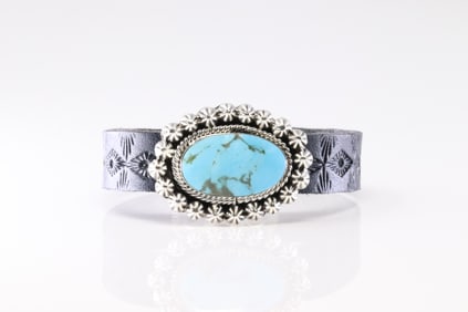 Native America Navajo Sterling Silver Turquoise Leather Bracelet Cuff By Mike Smith.