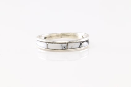 Native America Navajo Sterling Silver White Buffalo Inlay Ring By Jamie Johnson.