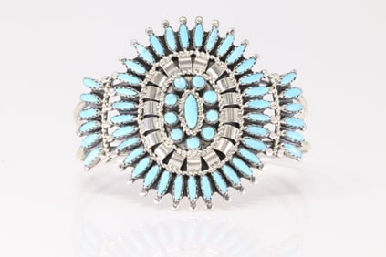 Native America Zuni Sterling Silver Need Lpoint Turquoise Bracelet Cuff By Nathaniel Nez.