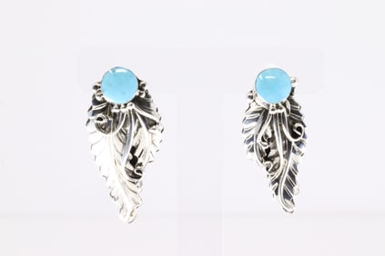 Native America Navajo Sterling Silver Turquoise Feather Post Earring's By Gilbert Smith From R.B
