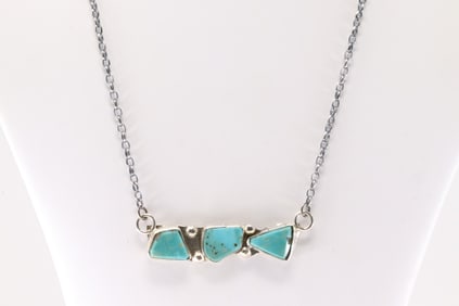Native America Zuni Sterling Silver Kingman Turquoise Necklace By Jude Candelaria.