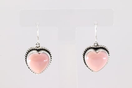 Native America Navajo Sterling Silver Pink Conch Heart Dangling Earring's By T.
