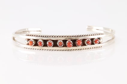 Native America Zuni Sterling Silver Coral Bracelet Cuff By Susie Livingston.