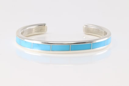 Native America Zuni Sterling Silver Kingman Turquoise Inlay Bracelet Cuff By Loretto.