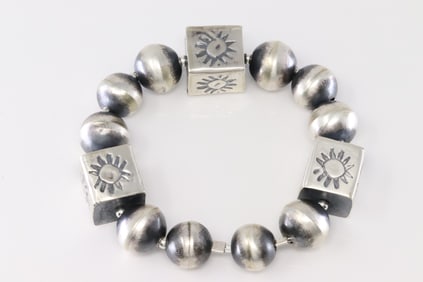 Native America Navajo Sterling Silver Stretch Pearl Beaded / Stamped Bracelet By Tysha Aparicio.