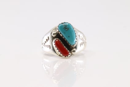 Native America Navajo Sterling Silver Coral & Turquoise Ring By M.L.