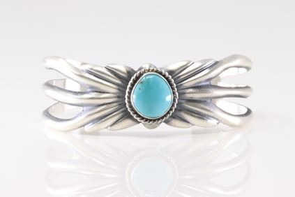 Native America Navajo Sterling Silver Turquoise Bracelet Cuff By Eugene Gruber.