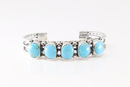 Native America Navajo Sterling Silver Turquoise 5 Stone Bracelet Cuff By Phyllis A. Smith.
