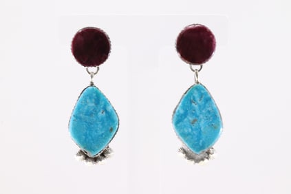 Native America Navajo Sterling Silver Purple Spiny Oyster & Turquoise Post Dangling Earring's By