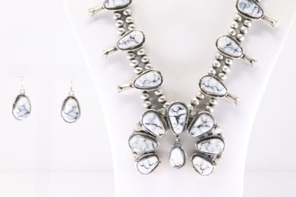 Native America Navajo Sterling Silver White Buffalo Squash Blossom Necklace & Earring's Set By