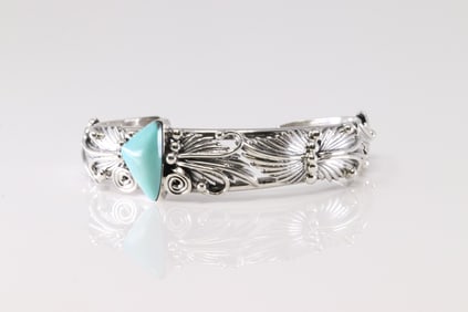 Native America Navajo Sterling Silver Turquoise Feather Bracelet Cuff By Emerson Delgarito. From R.B