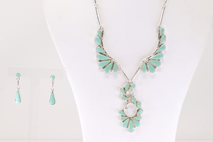 Native America Zuni Sterling Silver Turquoise Necklace & Earring's Set By Vivianita Booqua.